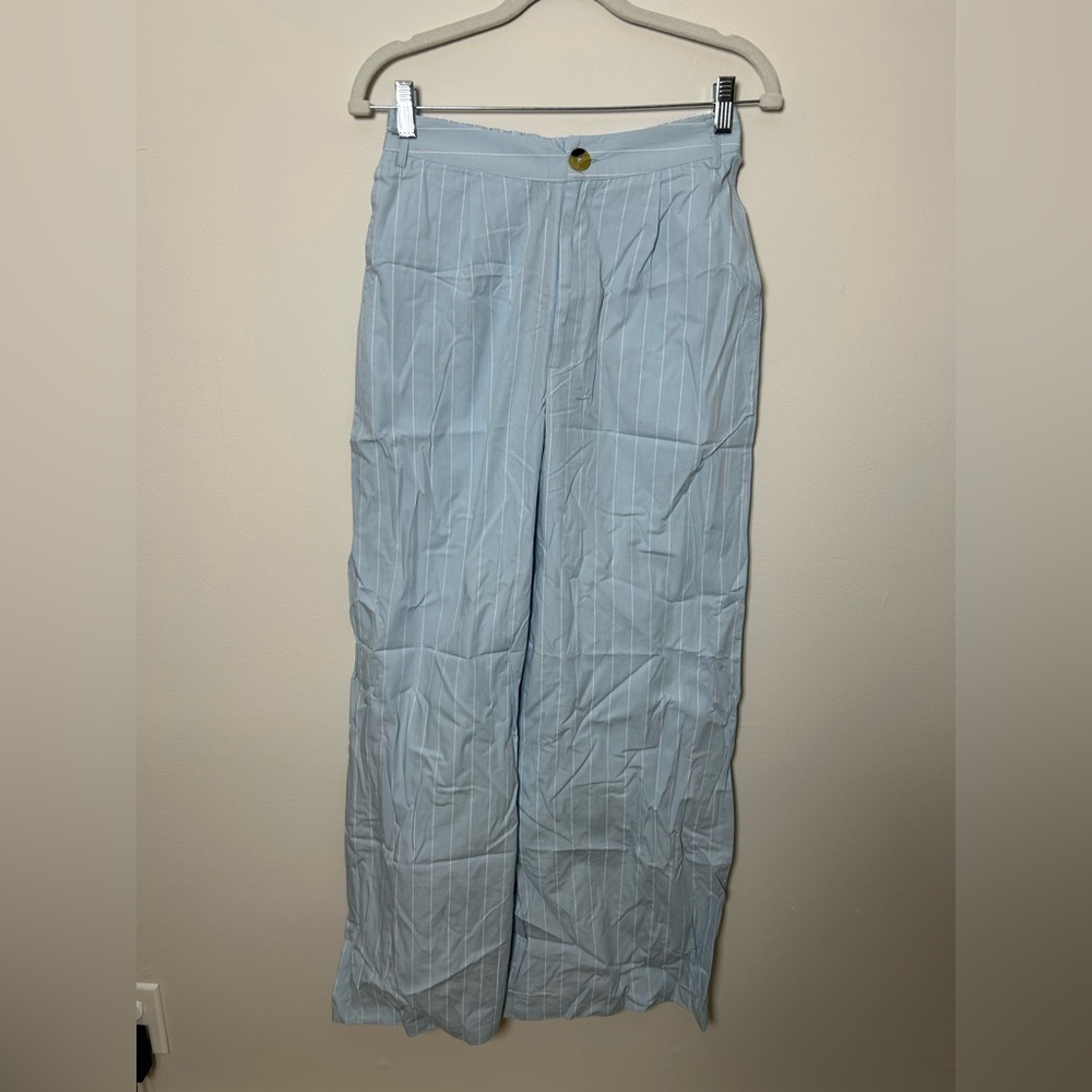 PrettyLittleThing Blue Poplin Pinstripe Tailored Wide Leg Trousers